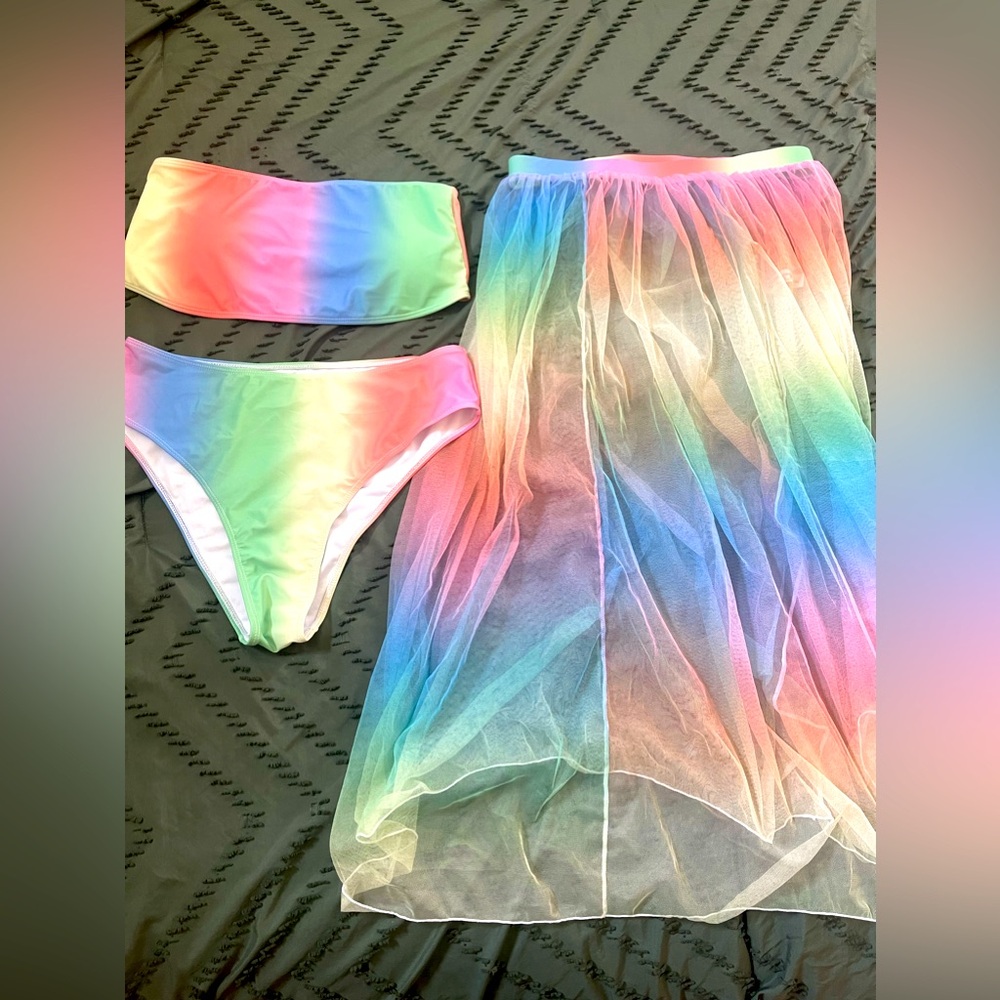 SHEIN three piece bikini and cover up set. Rainbow. 1XL